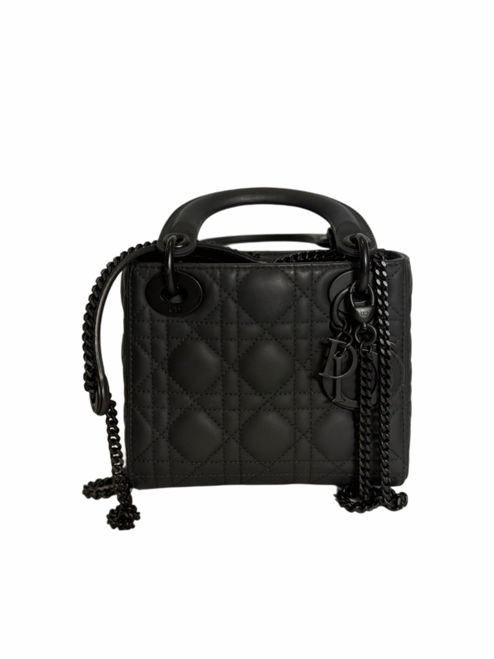 Dior Lady Dior Mini Black Matte Cannage Quilted Top Handle Bag Logo Charm